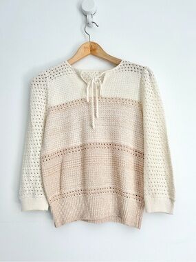 Vintage 70s Prairiecore Boho Crochet Open Knit Tie Neck Sweater M